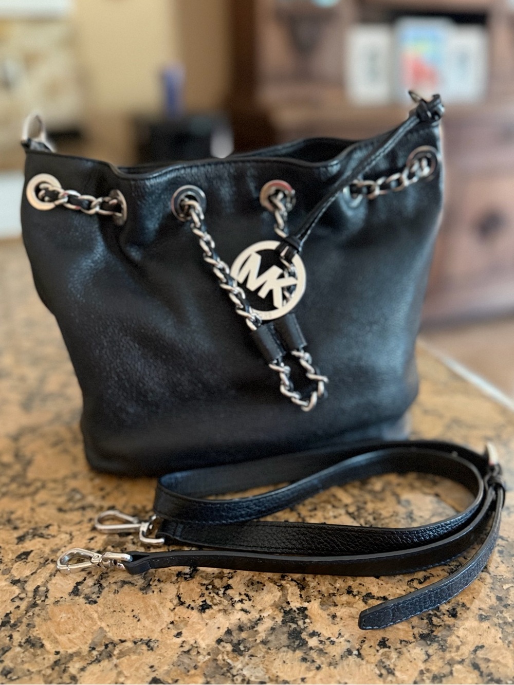 Michael Kors Frankie black pebbled leather chain drawstring bucket bag silver